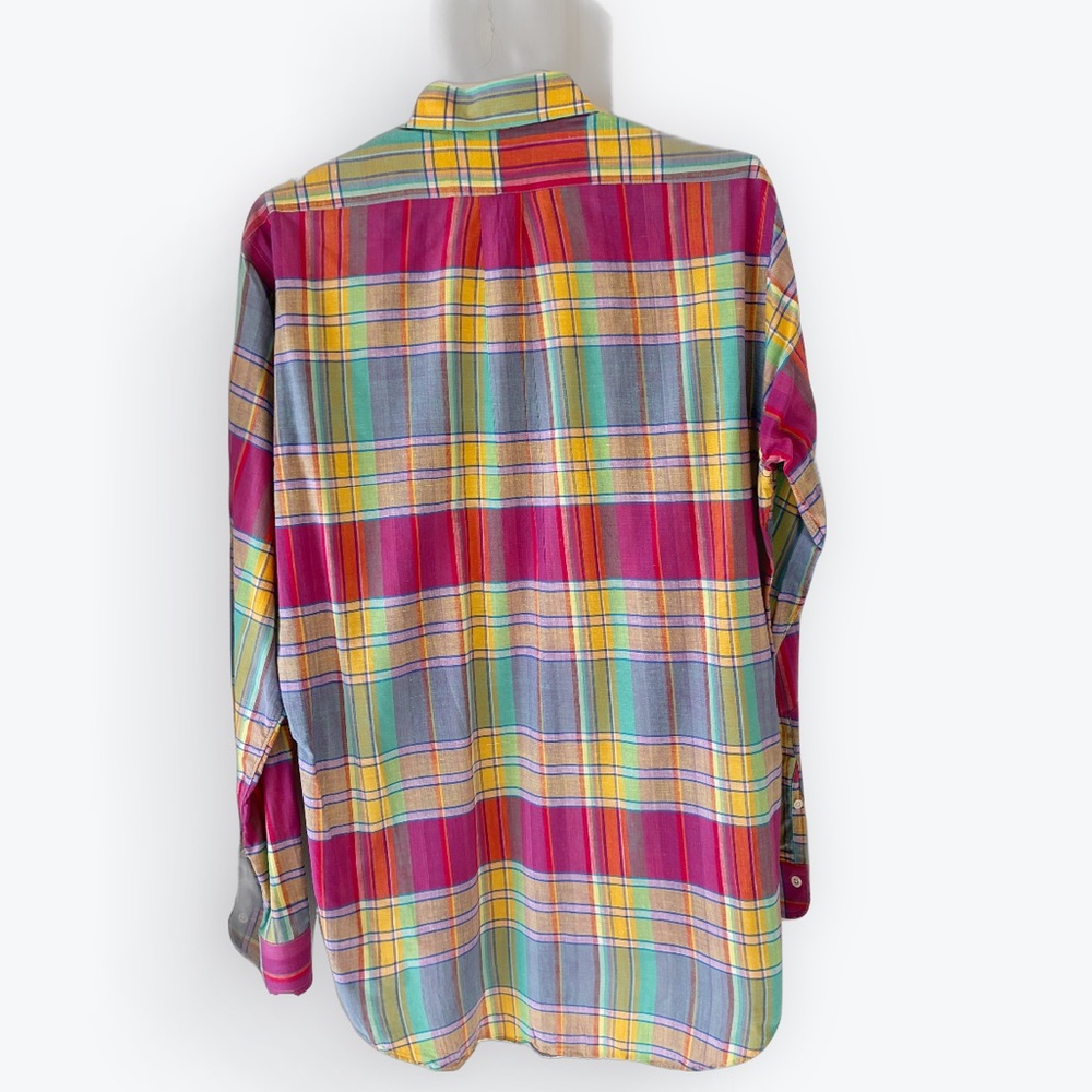 Vintage Ralph Lauren Madras Plaid Long Sleeve Shirt Orange Pink Yellow Blue L - Picture 2 of 7